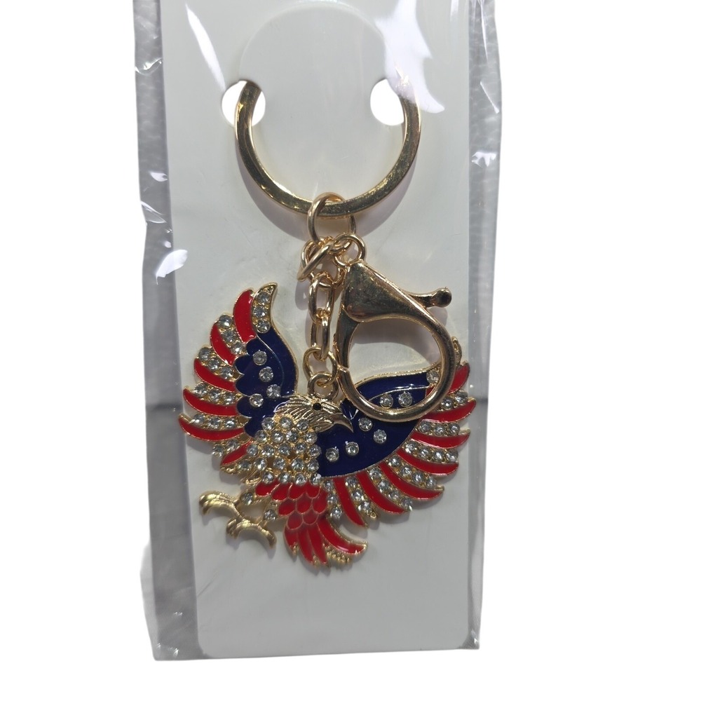 Patriotic USA Eagle Keychain‎ Flag Charm Bling 4th of July Gift Gold